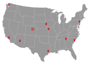 U.S. map showing Charles M. Schayer, Co. headquarters in Denver, Colorado, marked with a star, and pins at locations in Los Angeles, Seattle, Phoenix, Kansas City, Omaha, Houston, Dalton, Georgia, Charleston, South Carolina, and New Jersey.