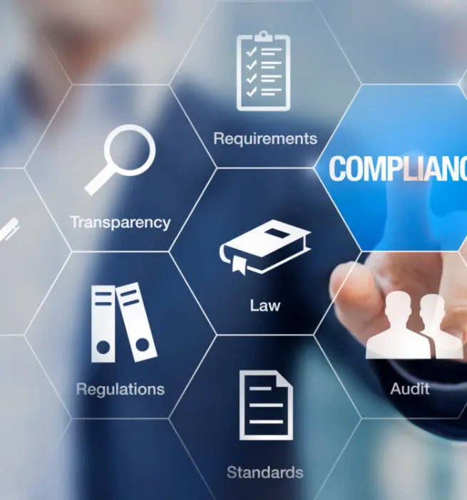 Compliance concept with icons, virtual screen, businessman touch Compliance concept with icons for regulations, law, standards, requirements and audit on a virtual screen with a business person touching a button