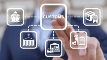 Man using virtual touch screen presses word: CUSTOMS. Concept of customs. Customs declaration clearance. Customs registration. Cargo delivery, import and export.