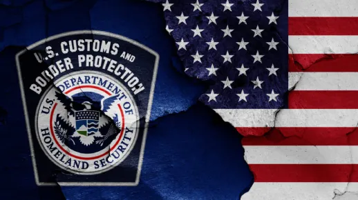Flags of U.S. Customs and Border Protection and USA painted on cracked wall Flags of U.S. Customs and Border Protection and USA painted on cracked wall