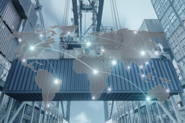 A crane lifts a large shipping container in a bustling port, with stacks of containers in the background. A translucent world map overlays the scene, featuring glowing nodes and connecting lines that represent global trade routes and international logistics hubs.